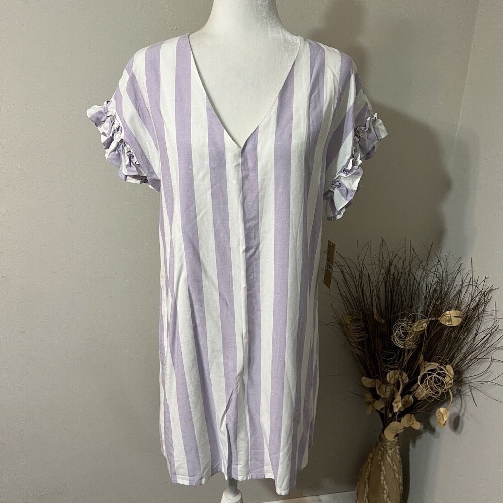 Cremieux Women's Striped White Lavender Ruffle Cap Sleeve Shift Dress Size S NWT